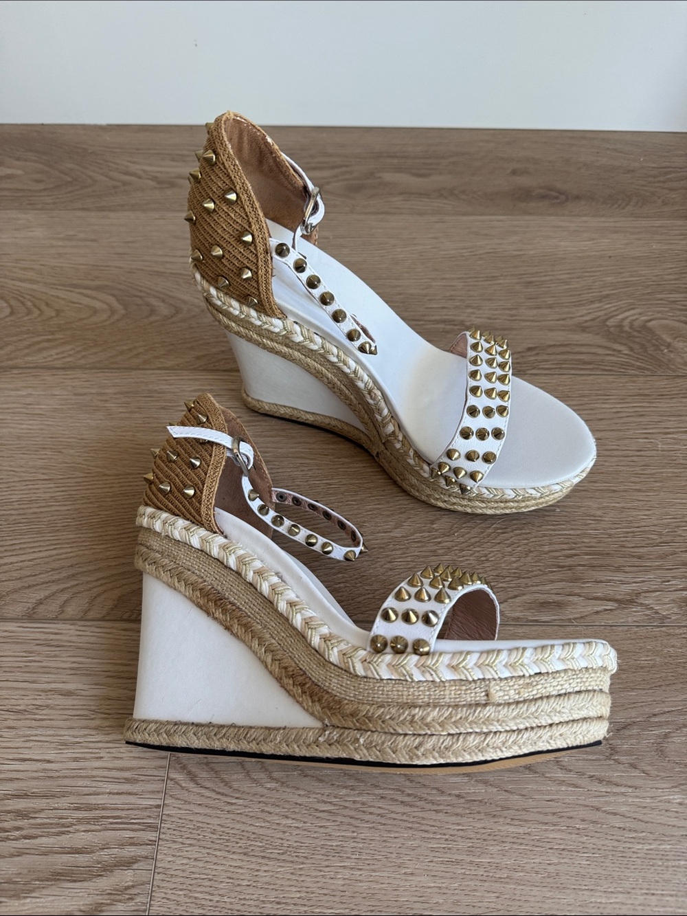 White and Tan Studded Espadrille Wedge Sandals